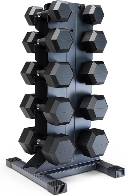 Dumbbell Set with Rack, Rubber Coated Hex Free Weight Set | 100–300 lb Options, Vertical Space-Saving Storage for Home Gym Strength Training