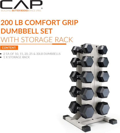 Dumbbell Set with Rack, Rubber Coated Hex Free Weight Set | 100–300 lb Options, Vertical Space-Saving Storage for Home Gym Strength Training
