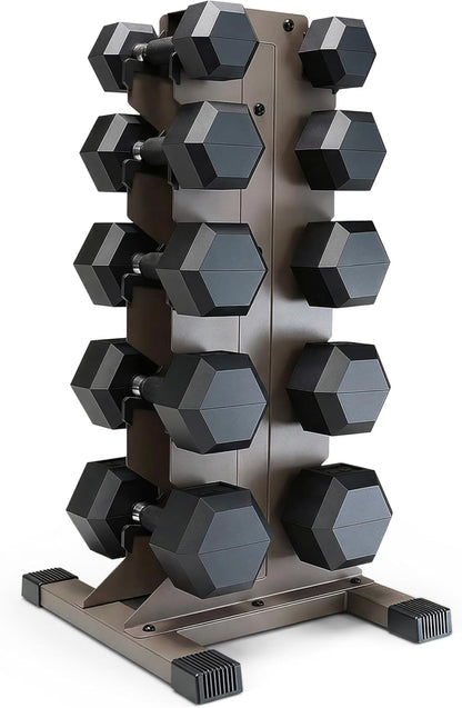 Dumbbell Set with Rack, Rubber Coated Hex Free Weight Set | 100–300 lb Options, Vertical Space-Saving Storage for Home Gym Strength Training