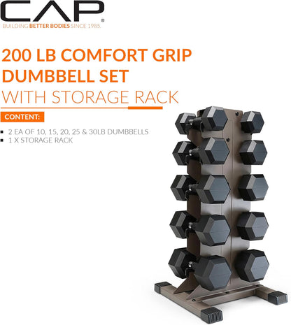Dumbbell Set with Rack, Rubber Coated Hex Free Weight Set | 100–300 lb Options, Vertical Space-Saving Storage for Home Gym Strength Training