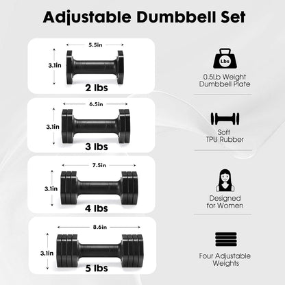 Adjustable Dumbbell Set, 4 in 1 Free Weights Dumbbells Set for Women, Weights for Women at Home, 2lb 3lb 4lb 5lb with TPU Soft Rubber Handle for Home Gym Exercise Training