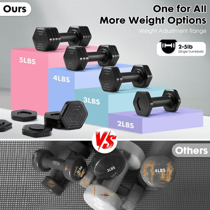 Adjustable Dumbbell Set, 4 in 1 Free Weights Dumbbells Set for Women, Weights for Women at Home, 2lb 3lb 4lb 5lb with TPU Soft Rubber Handle for Home Gym Exercise Training