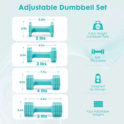 Adjustable Dumbbell Set, 4 in 1 Free Weights Dumbbells Set for Women, Weights for Women at Home, 2lb 3lb 4lb 5lb with TPU Soft Rubber Handle for Home Gym Exercise Training