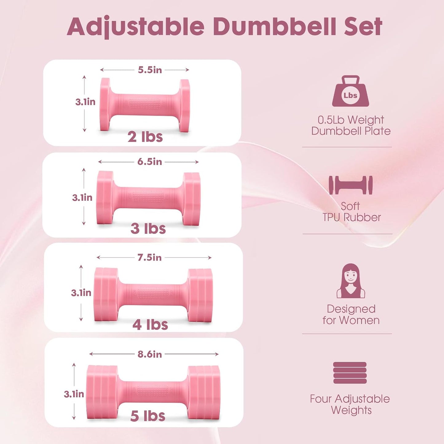 Adjustable Dumbbell Set, 4 in 1 Free Weights Dumbbells Set for Women, Weights for Women at Home, 2lb 3lb 4lb 5lb with TPU Soft Rubber Handle for Home Gym Exercise Training