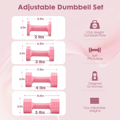 Adjustable Dumbbell Set, 4 in 1 Free Weights Dumbbells Set for Women, Weights for Women at Home, 2lb 3lb 4lb 5lb with TPU Soft Rubber Handle for Home Gym Exercise Training