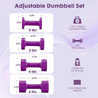 Adjustable Dumbbell Set, 4 in 1 Free Weights Dumbbells Set for Women, Weights for Women at Home, 2lb 3lb 4lb 5lb with TPU Soft Rubber Handle for Home Gym Exercise Training