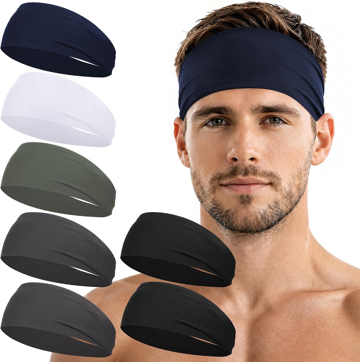 7 Pack Sports Headbands for Men, Sweat Absorbent Non Slip Elastic Headband, Quick Dry Workout Running Yoga Gym Head Wrap for Outdoor Work