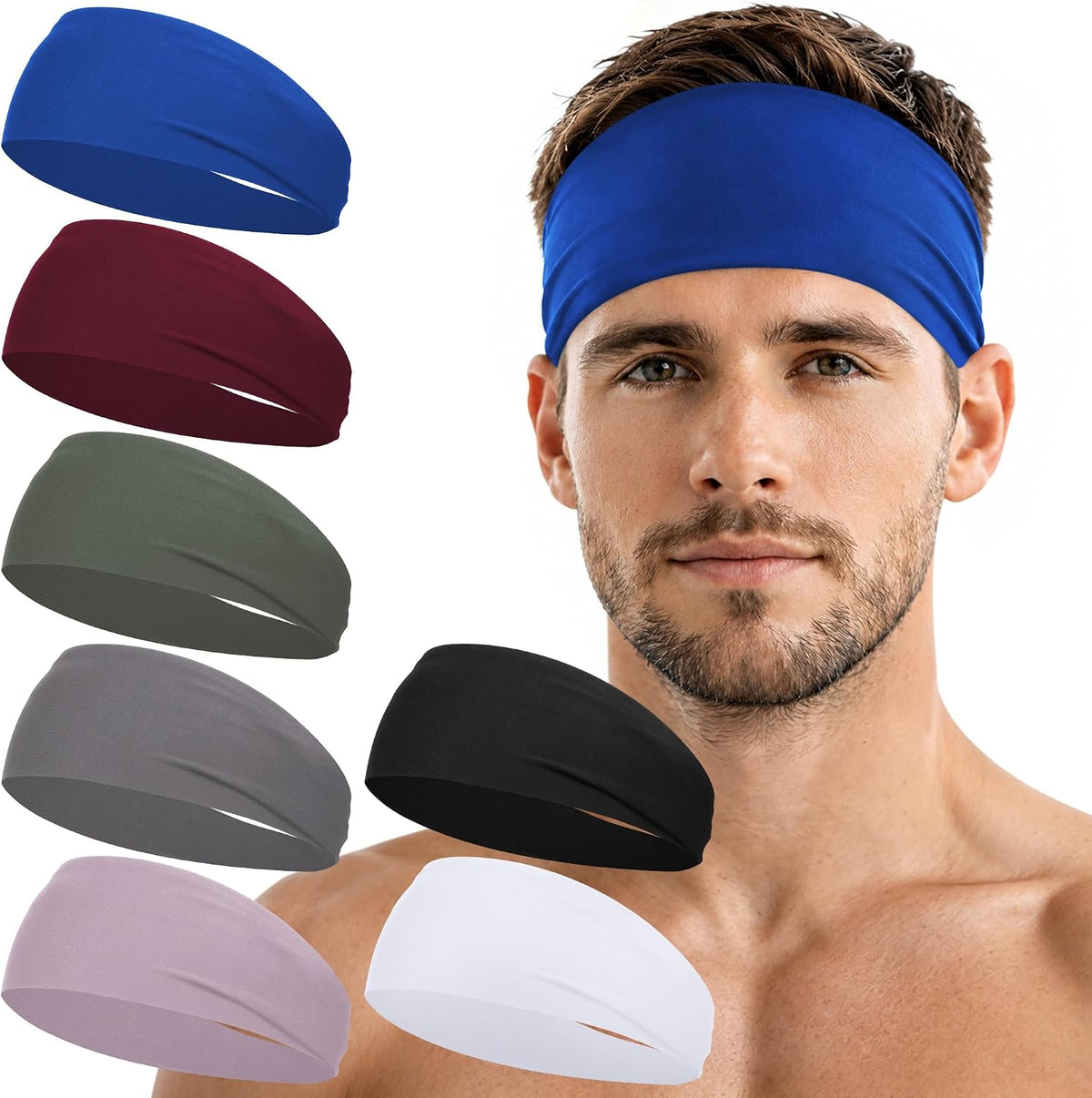 7 Pack Sports Headbands for Men, Sweat Absorbent Non Slip Elastic Headband, Quick Dry Workout Running Yoga Gym Head Wrap for Outdoor Work