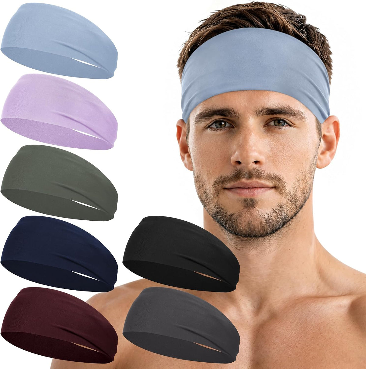 7 Pack Sports Headbands for Men, Sweat Absorbent Non Slip Elastic Headband, Quick Dry Workout Running Yoga Gym Head Wrap for Outdoor Work
