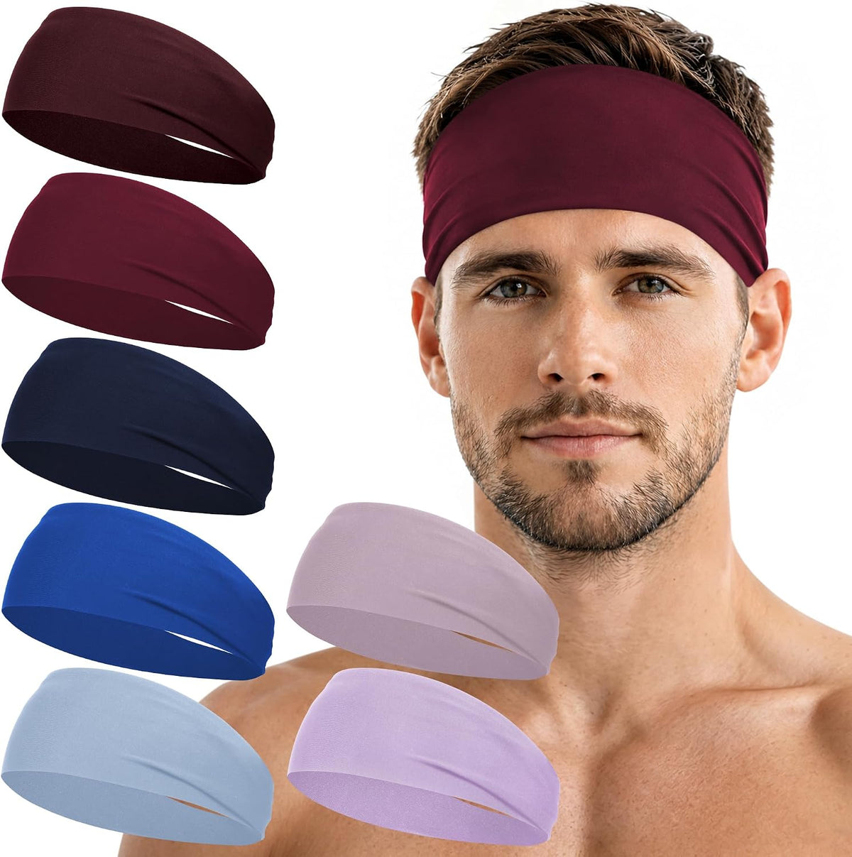 7 Pack Sports Headbands for Men, Sweat Absorbent Non Slip Elastic Headband, Quick Dry Workout Running Yoga Gym Head Wrap for Outdoor Work