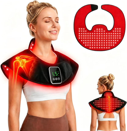 Cordless Red Light Therapy for Shoulder Neck Pain Relief, 660nm & 850nm NIR LED Infrared Light for Upper Back Muscle with 100 Bead, Timer, RC, 5 Lightness & 3 Temp. Modes for Home Travel (Black)