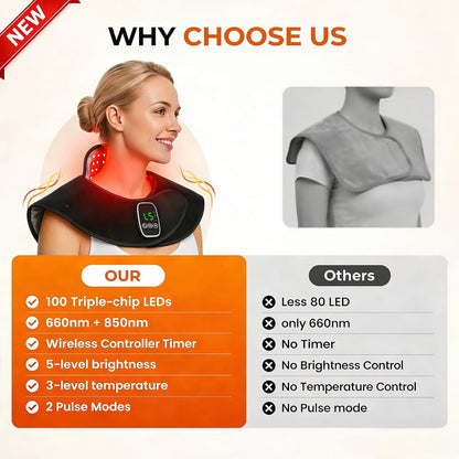 Cordless Red Light Therapy for Shoulder Neck Pain Relief, 660nm & 850nm NIR LED Infrared Light for Upper Back Muscle with 100 Bead, Timer, RC, 5 Lightness & 3 Temp. Modes for Home Travel (Black)