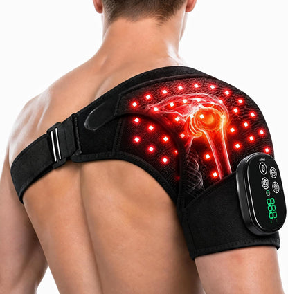 Red Light Therapy For Shoulder Pain Wrap with Heat & Vibration, 660nm & 850nm Infrared Shoulder Massager, Cordless 5000mAh Heating Pad for Neck & Shoulder Comfort, Wearable Support for Men & Women