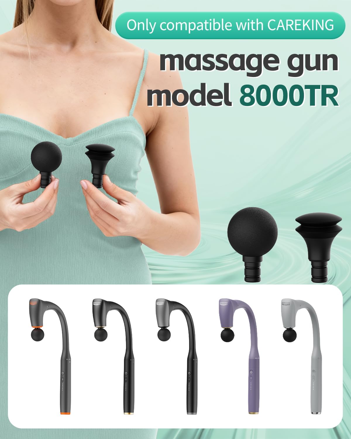 Massage Gun Head Replacement Massager Model 8000TR, Swan Neck 2- in-1 Massager Attachment, Air-Cushioned Flat & Ball Head Attachments