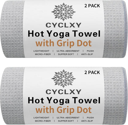 2 Pack Hot Yoga Towel with Grip Dot，Stickyfiber Yoga Mat Towels Non Slip for Hot Yoga,Absorbent Microfiber Sweat Anti-Slip Cover,Bikram,Pilates,Exercise