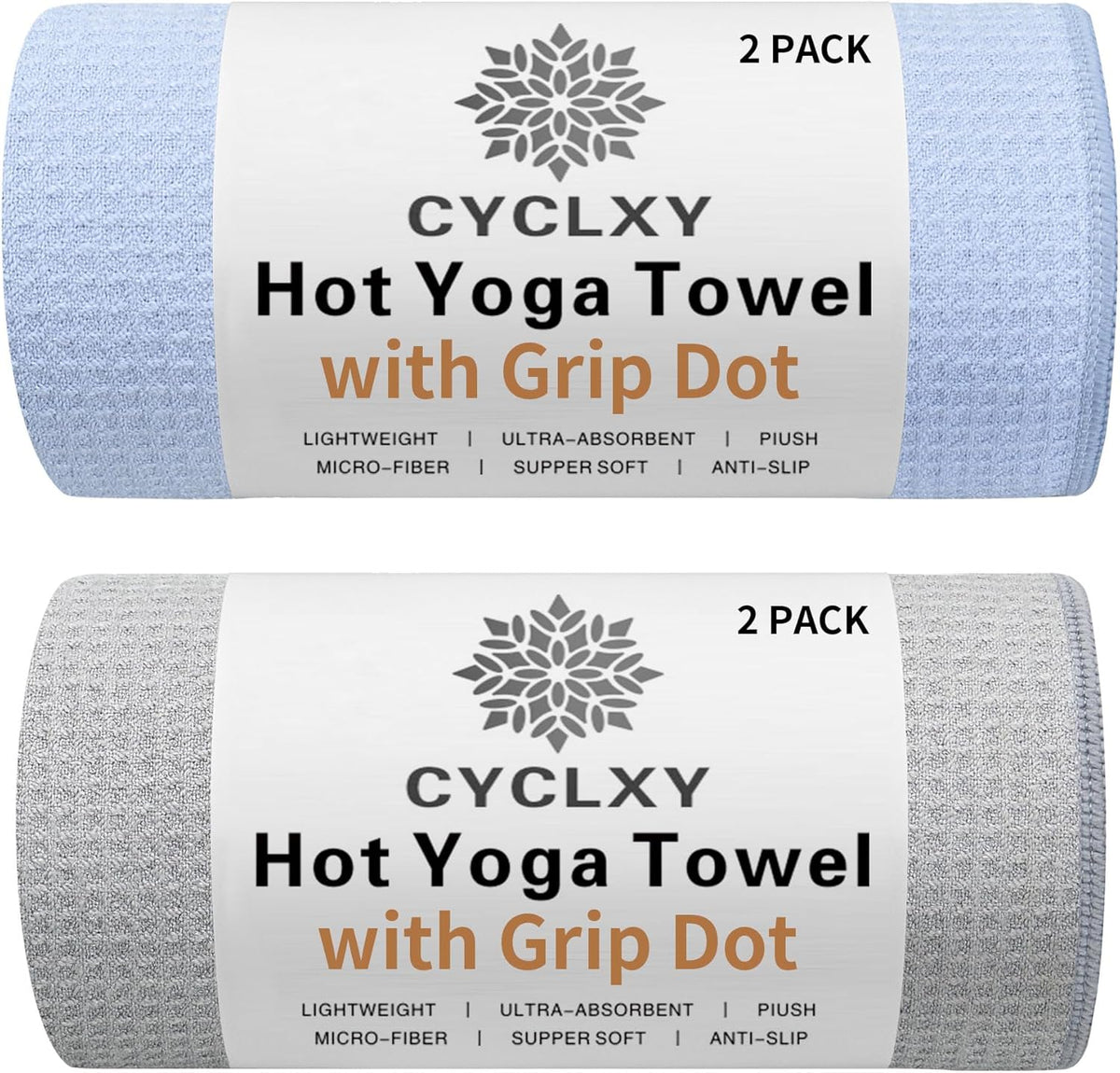 2 Pack Hot Yoga Towel with Grip Dot，Stickyfiber Yoga Mat Towels Non Slip for Hot Yoga,Absorbent Microfiber Sweat Anti-Slip Cover,Bikram,Pilates,Exercise