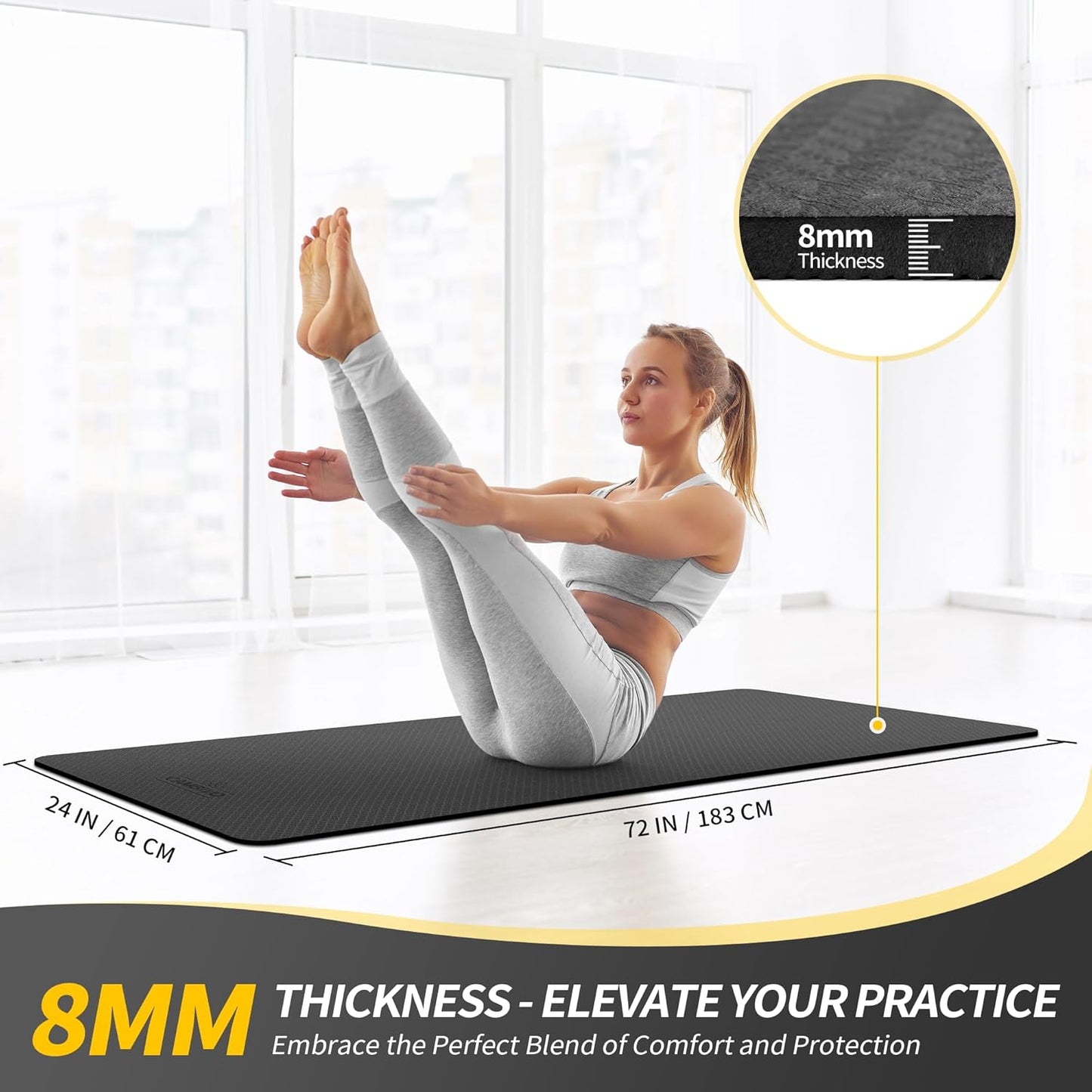 Yoga Mat for Women Men Kids, 1/3 & 1/4 & 2/5 Inch Extra Thick Yoga Mat Non Slip, 72" x 24" TPE Yoga Mats, Workout Mat with Carrying Strap for Yoga, Pilates and Floor Exercises