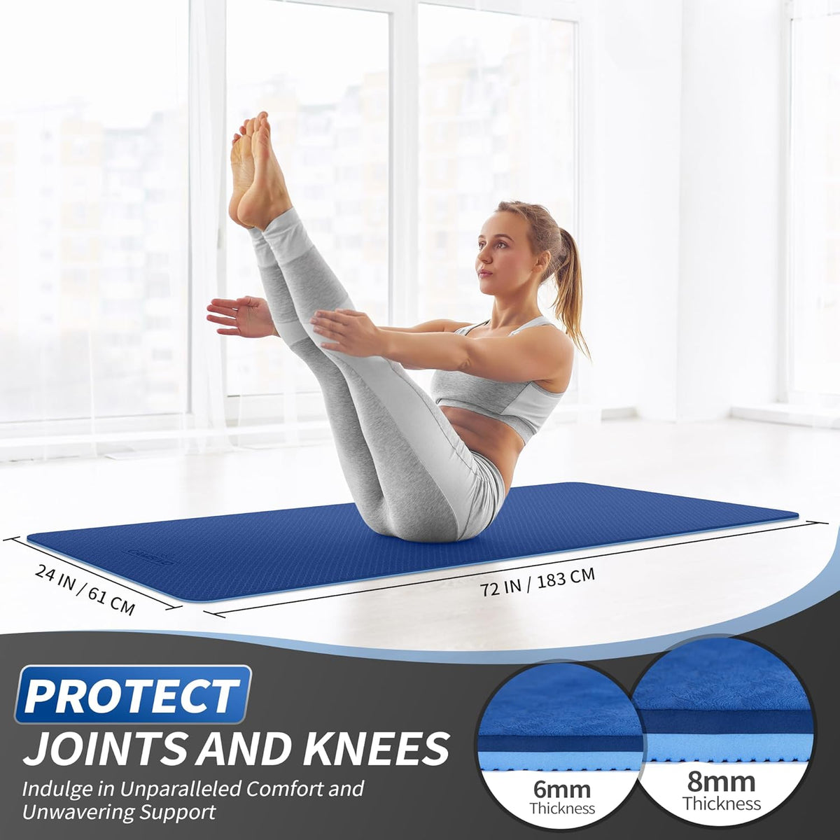 Yoga Mat for Women Men Kids, 1/3 & 1/4 & 2/5 Inch Extra Thick Yoga Mat Non Slip, 72" x 24" TPE Yoga Mats, Workout Mat with Carrying Strap for Yoga, Pilates and Floor Exercises
