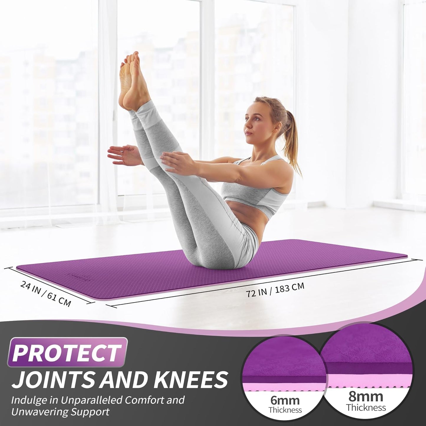 Yoga Mat for Women Men Kids, 1/3 & 1/4 & 2/5 Inch Extra Thick Yoga Mat Non Slip, 72" x 24" TPE Yoga Mats, Workout Mat with Carrying Strap for Yoga, Pilates and Floor Exercises