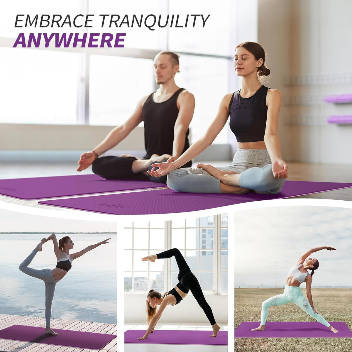 Yoga Mat for Women Men Kids, 1/3 & 1/4 & 2/5 Inch Extra Thick Yoga Mat Non Slip, 72" x 24" TPE Yoga Mats, Workout Mat with Carrying Strap for Yoga, Pilates and Floor Exercises