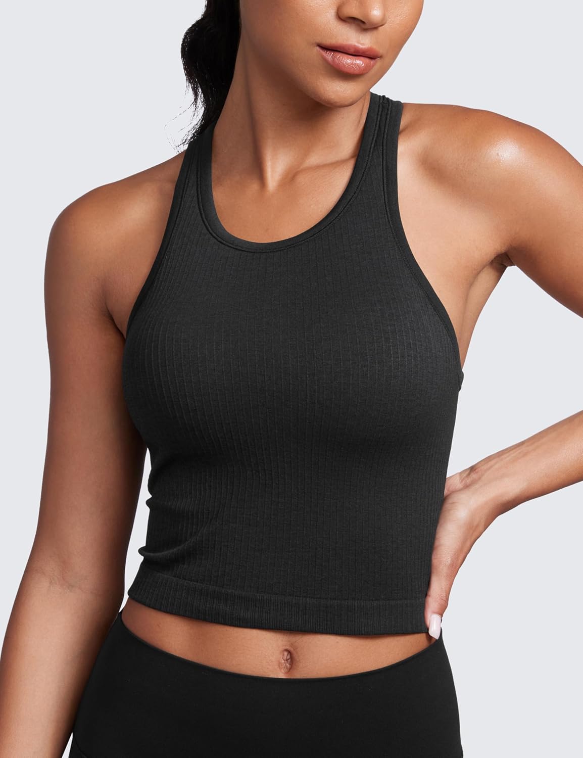 Seamless Rib Racerback Crop Tank | Light Support, Removable Pads, Yoga, Ribbed, Racerback, Longline Sports Bras for Women