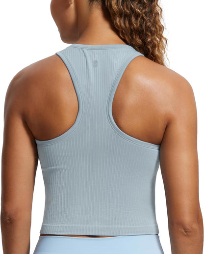 Seamless Rib Racerback Crop Tank | Light Support, Removable Pads, Yoga, Ribbed, Racerback, Longline Sports Bras for Women