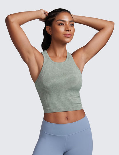 Seamless Rib Racerback Crop Tank | Light Support, Removable Pads, Yoga, Ribbed, Racerback, Longline Sports Bras for Women