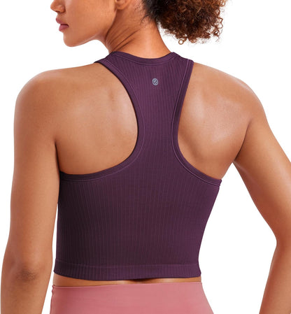 Seamless Rib Racerback Crop Tank | Light Support, Removable Pads, Yoga, Ribbed, Racerback, Longline Sports Bras for Women