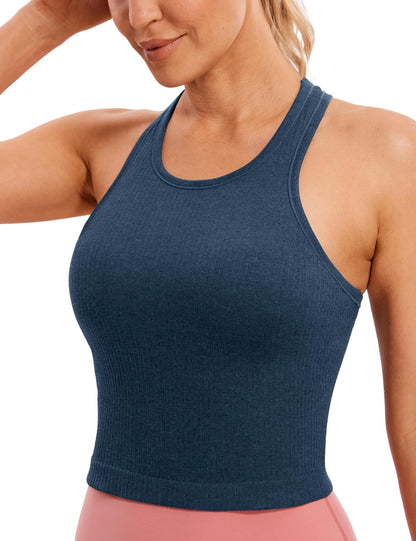 Seamless Rib Racerback Crop Tank | Light Support, Removable Pads, Yoga, Ribbed, Racerback, Longline Sports Bras for Women