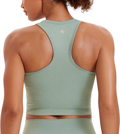 Seamless Rib Racerback Crop Tank | Light Support, Removable Pads, Yoga, Ribbed, Racerback, Longline Sports Bras for Women