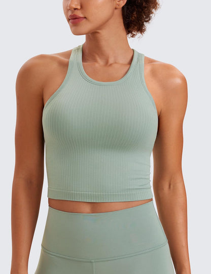 Seamless Rib Racerback Crop Tank | Light Support, Removable Pads, Yoga, Ribbed, Racerback, Longline Sports Bras for Women