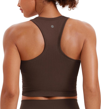 Seamless Rib Racerback Crop Tank | Light Support, Removable Pads, Yoga, Ribbed, Racerback, Longline Sports Bras for Women