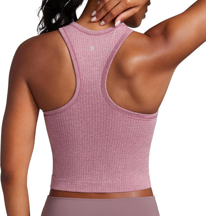 Seamless Rib Racerback Crop Tank | Light Support, Removable Pads, Yoga, Ribbed, Racerback, Longline Sports Bras for Women