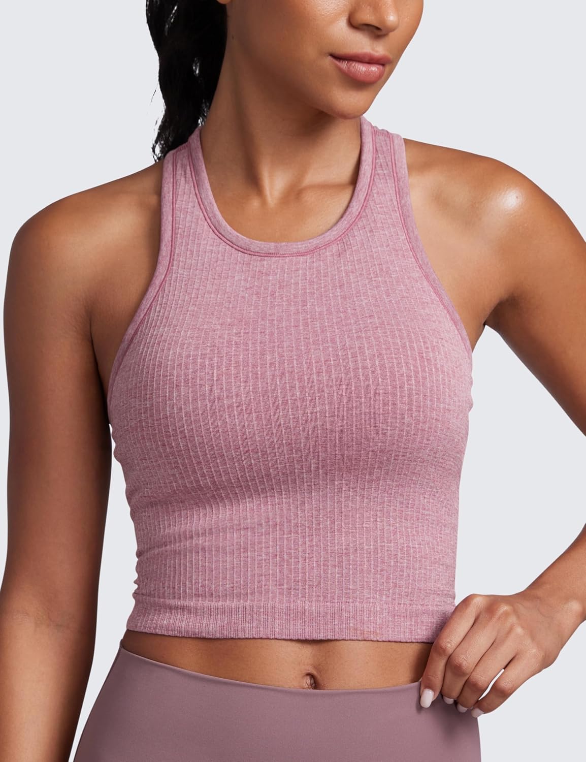 Seamless Rib Racerback Crop Tank | Light Support, Removable Pads, Yoga, Ribbed, Racerback, Longline Sports Bras for Women
