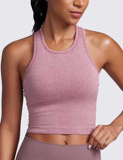 Seamless Rib Racerback Crop Tank | Light Support, Removable Pads, Yoga, Ribbed, Racerback, Longline Sports Bras for Women