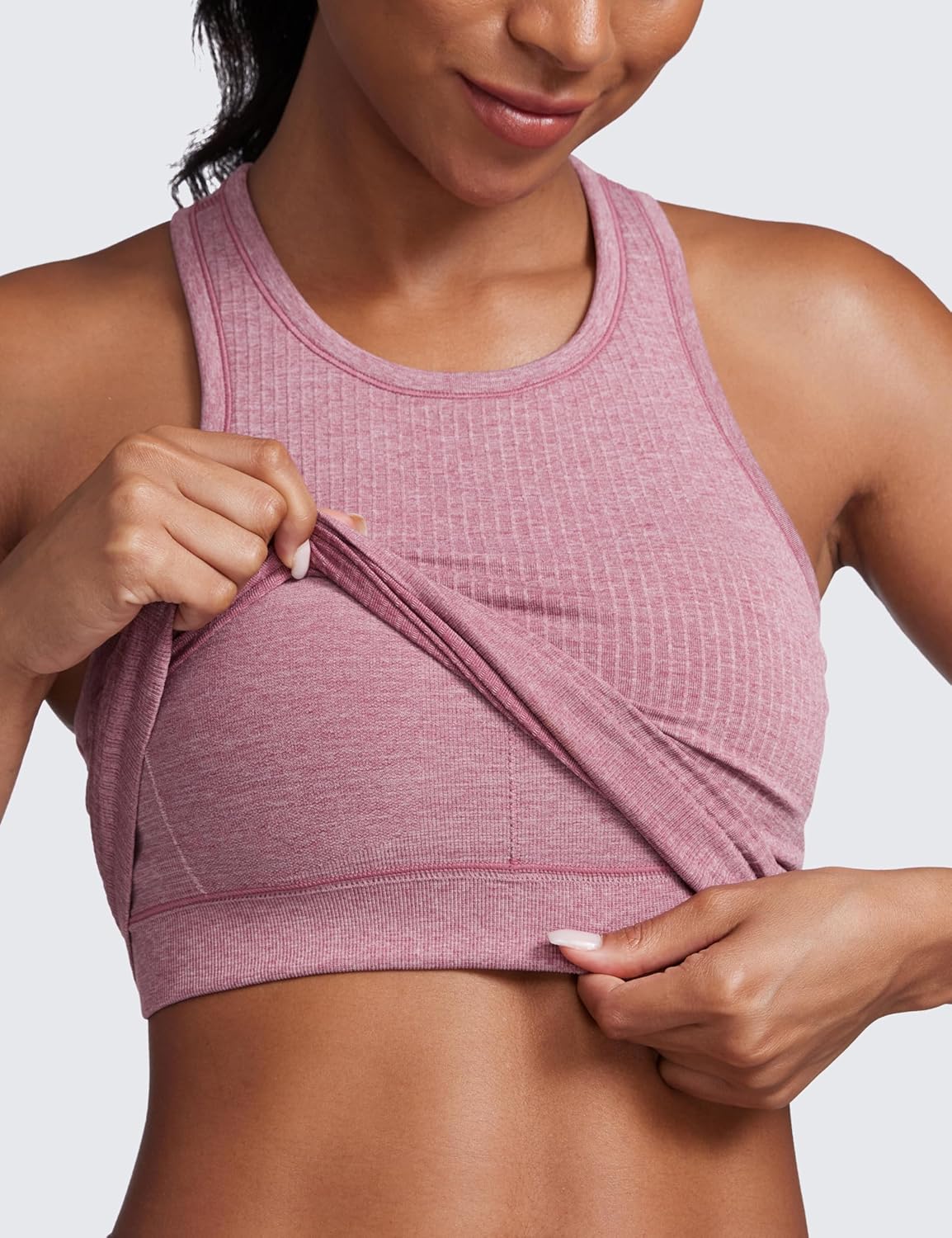 Seamless Rib Racerback Crop Tank | Light Support, Removable Pads, Yoga, Ribbed, Racerback, Longline Sports Bras for Women