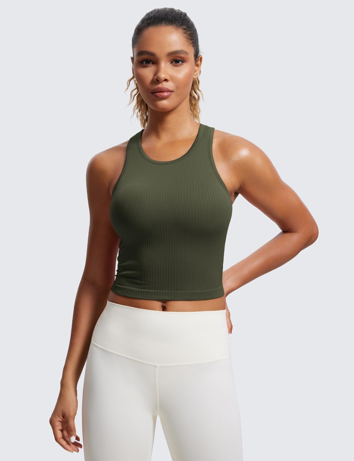 Seamless Rib Racerback Crop Tank | Light Support, Removable Pads, Yoga, Ribbed, Racerback, Longline Sports Bras for Women