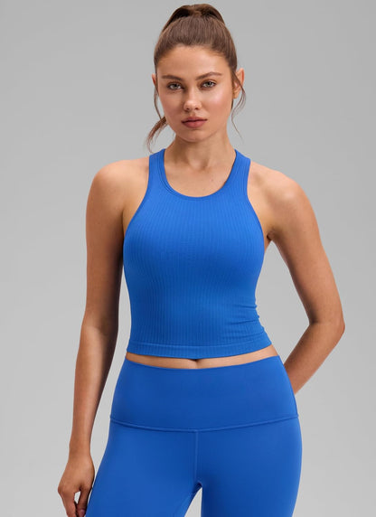 Seamless Rib Racerback Crop Tank | Light Support, Removable Pads, Yoga, Ribbed, Racerback, Longline Sports Bras for Women
