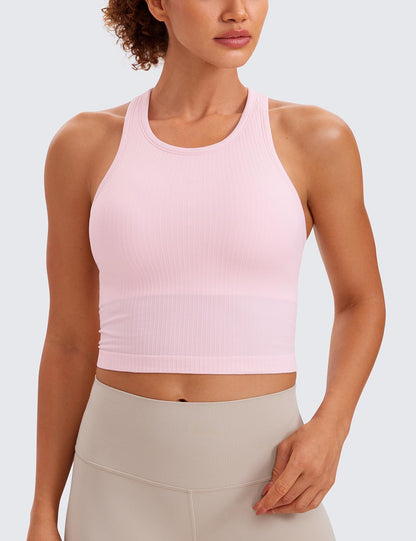 Seamless Rib Racerback Crop Tank | Light Support, Removable Pads, Yoga, Ribbed, Racerback, Longline Sports Bras for Women