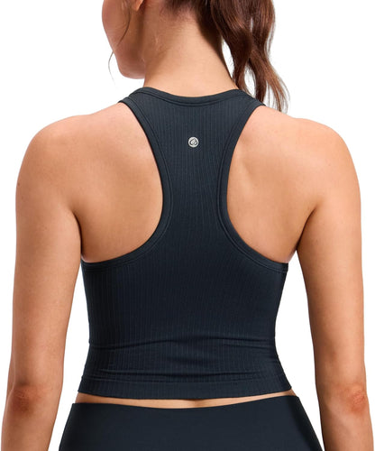 Seamless Rib Racerback Crop Tank | Light Support, Removable Pads, Yoga, Ribbed, Racerback, Longline Sports Bras for Women