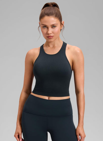 Seamless Rib Racerback Crop Tank | Light Support, Removable Pads, Yoga, Ribbed, Racerback, Longline Sports Bras for Women