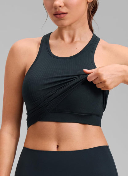 Seamless Rib Racerback Crop Tank | Light Support, Removable Pads, Yoga, Ribbed, Racerback, Longline Sports Bras for Women
