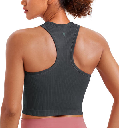Seamless Rib Racerback Crop Tank | Light Support, Removable Pads, Yoga, Ribbed, Racerback, Longline Sports Bras for Women