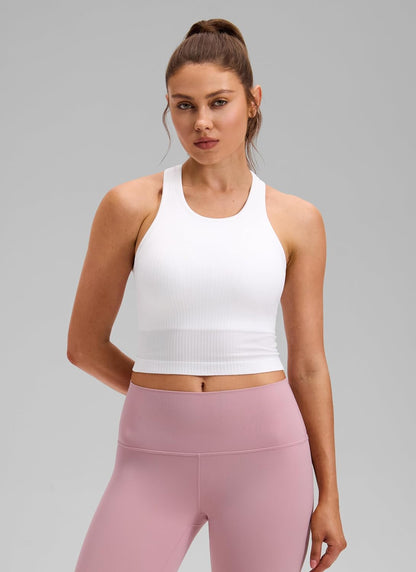 Seamless Rib Racerback Crop Tank | Light Support, Removable Pads, Yoga, Ribbed, Racerback, Longline Sports Bras for Women