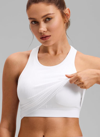 Seamless Rib Racerback Crop Tank | Light Support, Removable Pads, Yoga, Ribbed, Racerback, Longline Sports Bras for Women