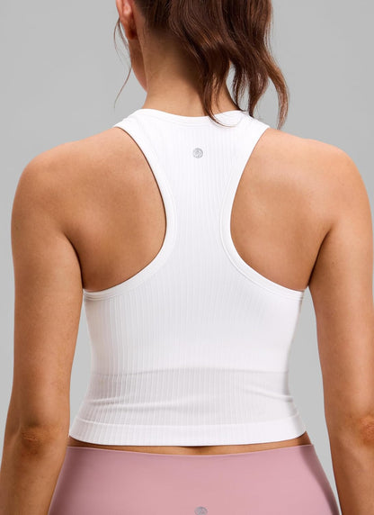 Seamless Rib Racerback Crop Tank | Light Support, Removable Pads, Yoga, Ribbed, Racerback, Longline Sports Bras for Women