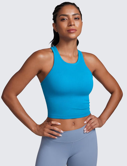 Seamless Rib Racerback Crop Tank | Light Support, Removable Pads, Yoga, Ribbed, Racerback, Longline Sports Bras for Women