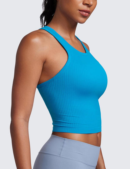 Seamless Rib Racerback Crop Tank | Light Support, Removable Pads, Yoga, Ribbed, Racerback, Longline Sports Bras for Women