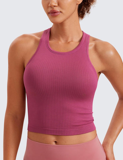 Seamless Rib Racerback Crop Tank | Light Support, Removable Pads, Yoga, Ribbed, Racerback, Longline Sports Bras for Women