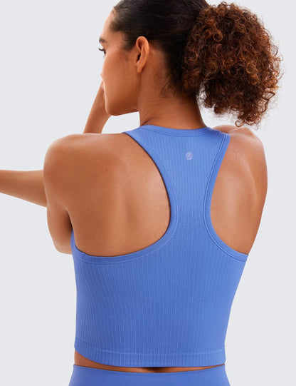 Seamless Rib Racerback Crop Tank | Light Support, Removable Pads, Yoga, Ribbed, Racerback, Longline Sports Bras for Women